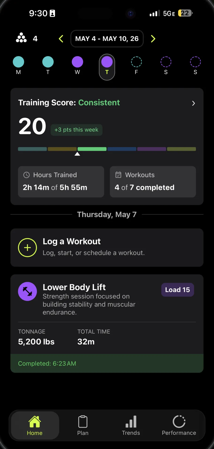 HYBRD app home screen showing today's training